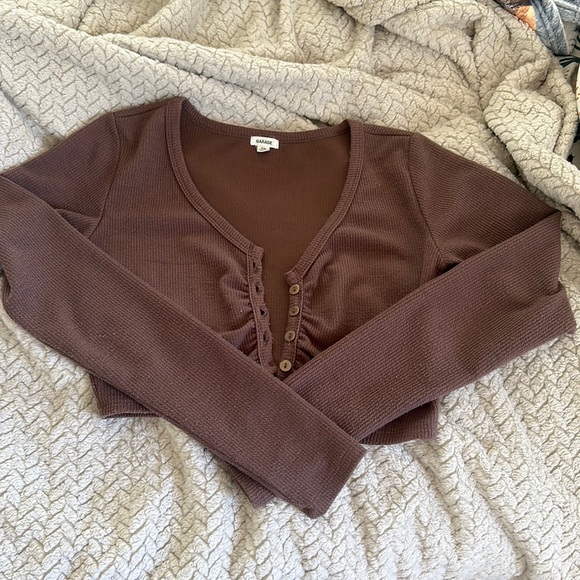 Brown Button Up Crop Top - Picture 1 of 3